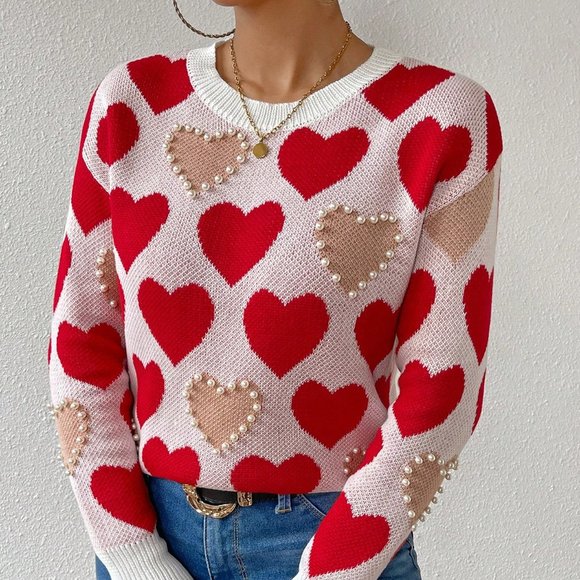 Red Casual Womens Heart Embroidery Beaded Pullover Sweater - Picture 3 of 5